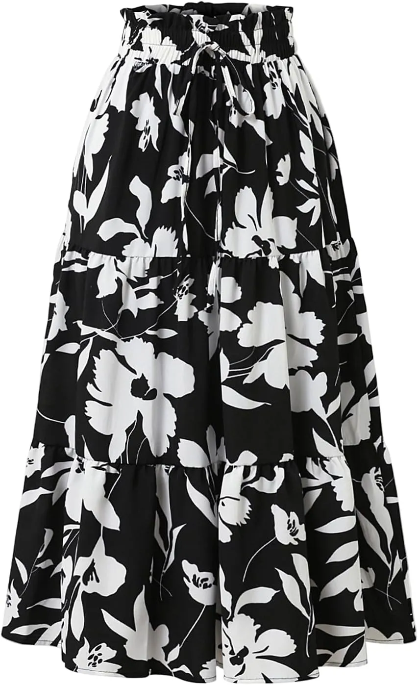 Floral Pleated Skirts for Women Drawstring High Waist Boho Maxi Skirts Summer Flowy Tiered Pleated Beach A Line Skirt