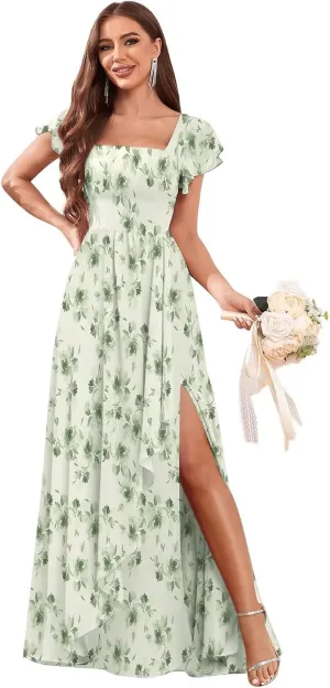 Flutter Sleeve Chiffon Bridesmaid Dresses for Women Long A-Line Pleated Formal Evening Party Dress with Slit