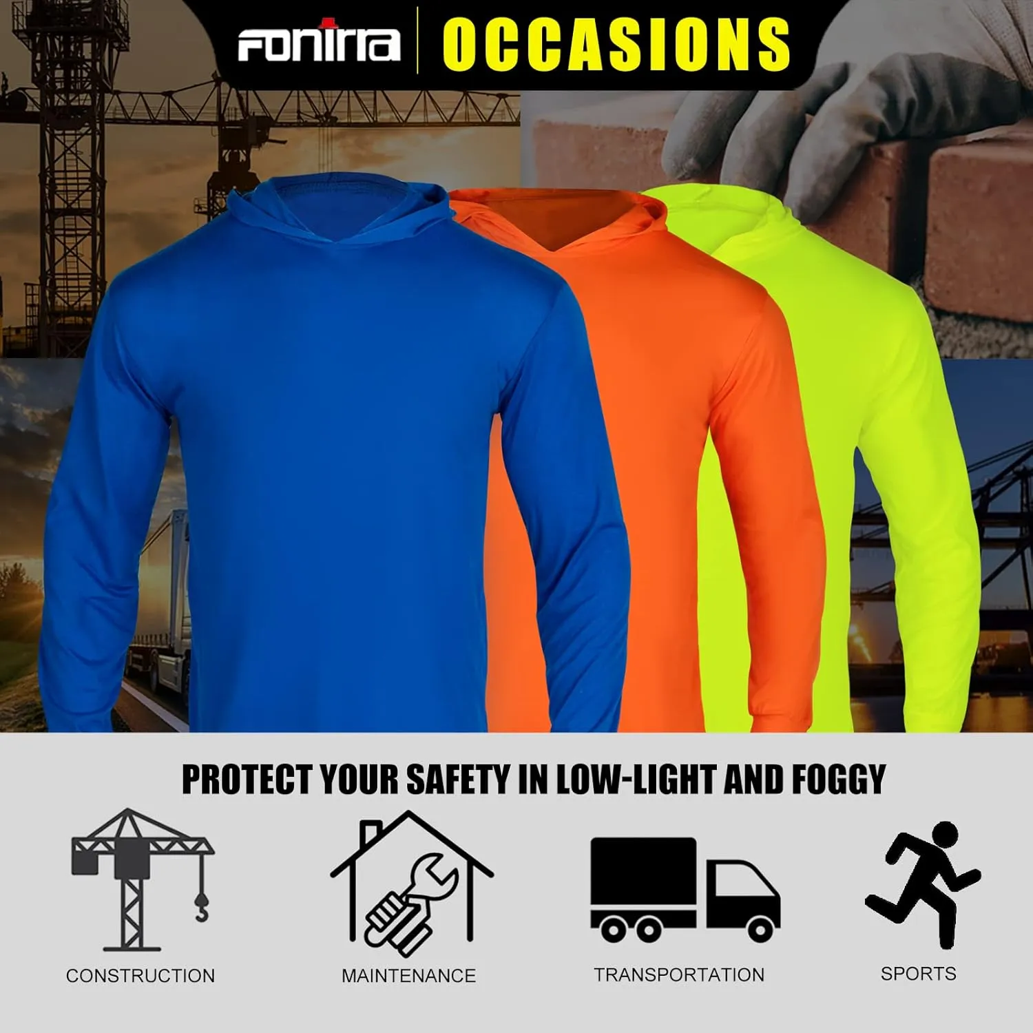 FONIRRA Safety High Visibility Long Sleeve T Shirt for Men 3 Pack Construction Work Shirts with Hood