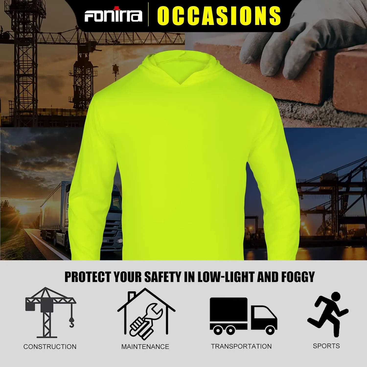 FONIRRA Safety High Visibility Long Sleeve T Shirt for Men 3 Pack Construction Work Shirts with Hood