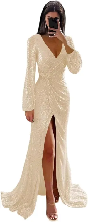 Glitter Sequin Evening Party Dress Long Sleeves Prom Dress Pleats Maxi Cocktail Gown for Women