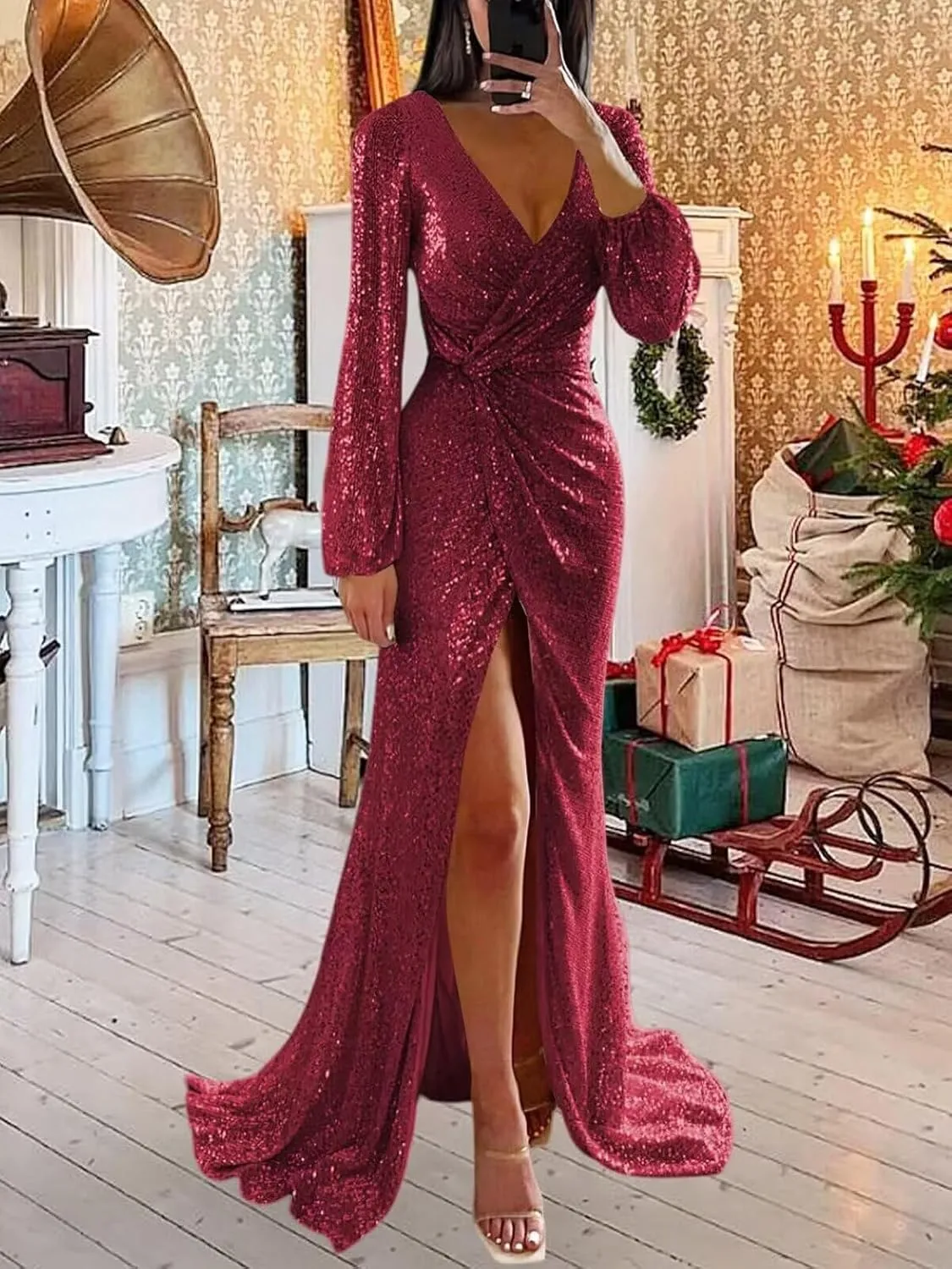 Glitter Sequin Evening Party Dress Long Sleeves Prom Dress Pleats Maxi Cocktail Gown for Women