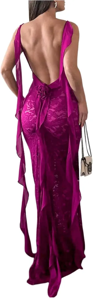 GORGLITTER Women's Lace Flower Bodycon Maxi Dress Open Back Mesh Fringe Wedding Guest Cocktail Birthday Dinner Dresses