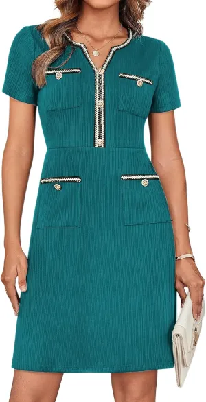 GRACE KARIN Women 2025 Summer V Neck Short Sleeve Button Knit Color Block A Line Elegant Formal Work Dresses with Pocket