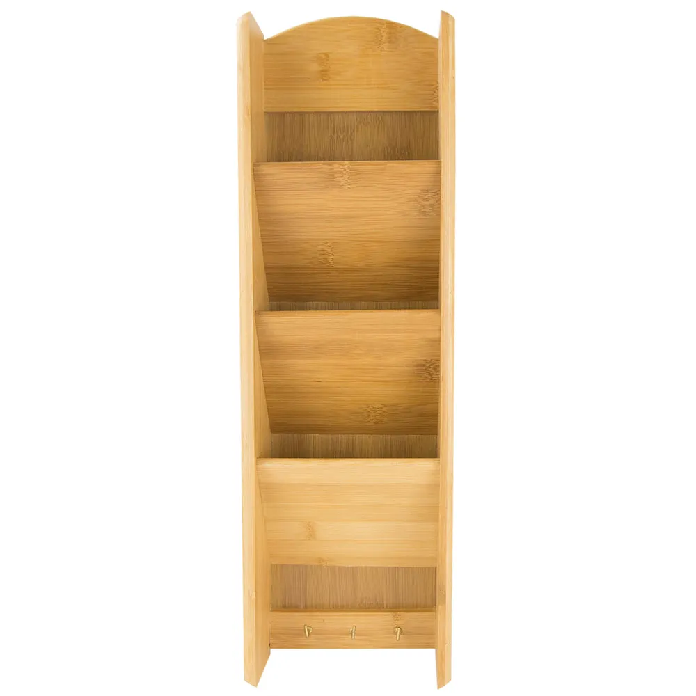 Home Basics 3-Tier Bamboo Mail Rack With Key Hooks, Brown, 20x6x3 Inches