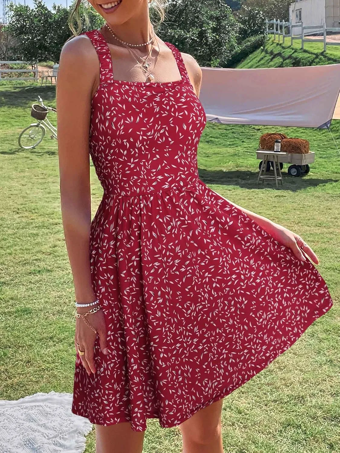 HUHOT Women's Summer Casual Square Neck Dress with Pocket Cute Sleeveless High Waist A-line Sundress Midi Dresses