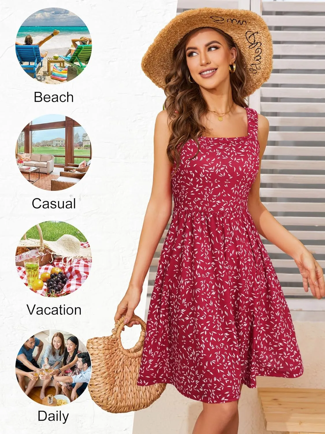 HUHOT Women's Summer Casual Square Neck Dress with Pocket Cute Sleeveless High Waist A-line Sundress Midi Dresses