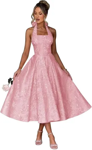 Jacquard Satin Prom Dresses 2025 with Bow A-line Midi Halter Square Neck Formal Party Gowns with Pockets
