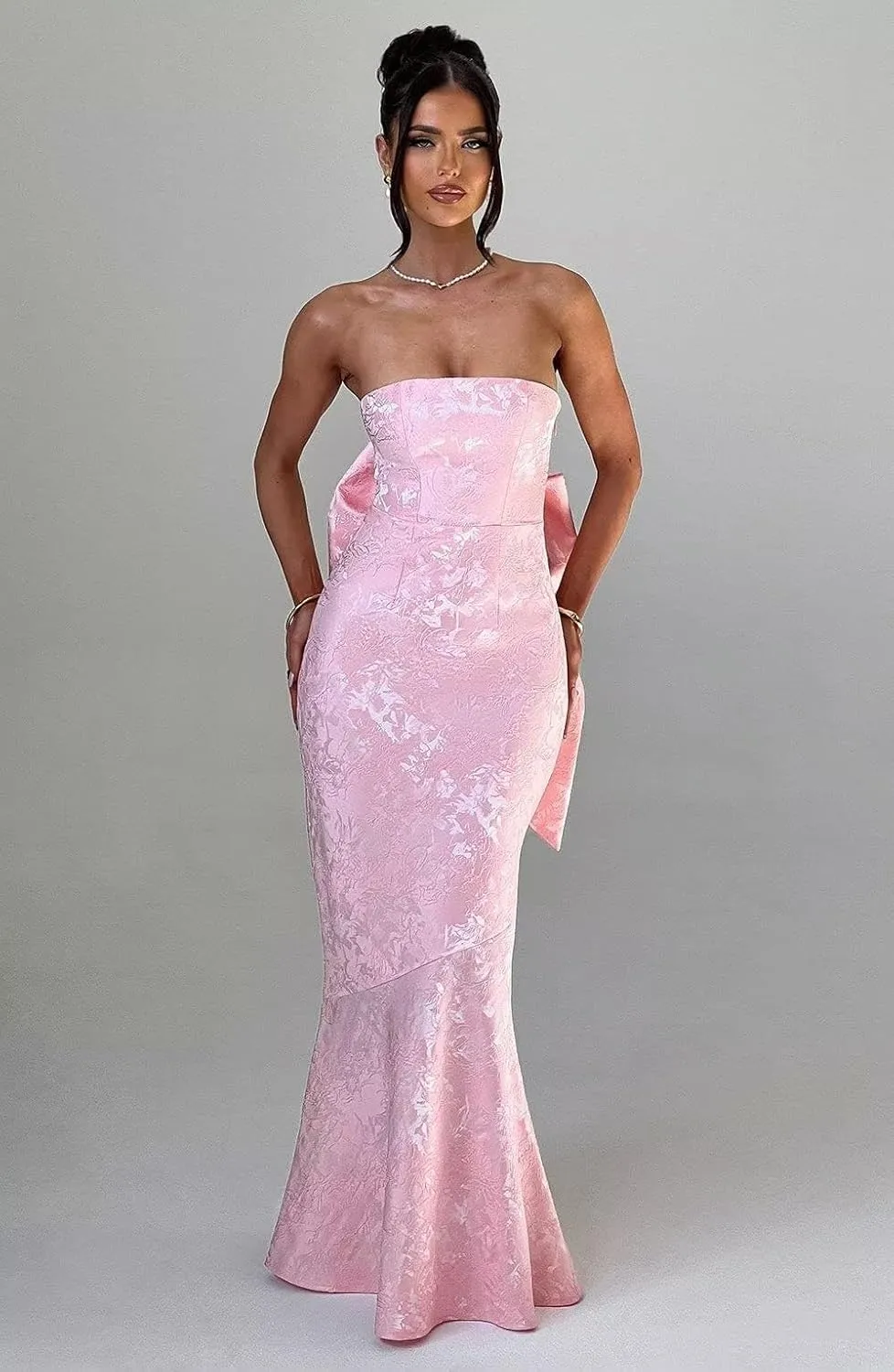 Jacquard Satin Prom Dresses with Bow in Back Bridesmaid Dress Long Formal Evening Party Gowns