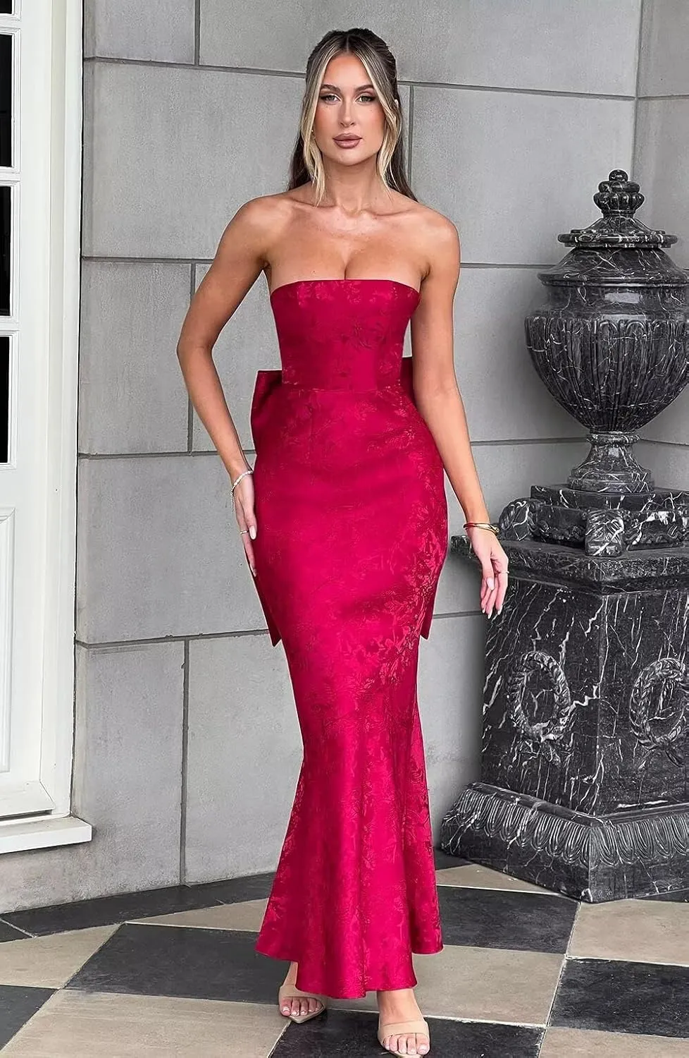 Jacquard Satin Prom Dresses with Bow in Back Bridesmaid Dress Long Formal Evening Party Gowns
