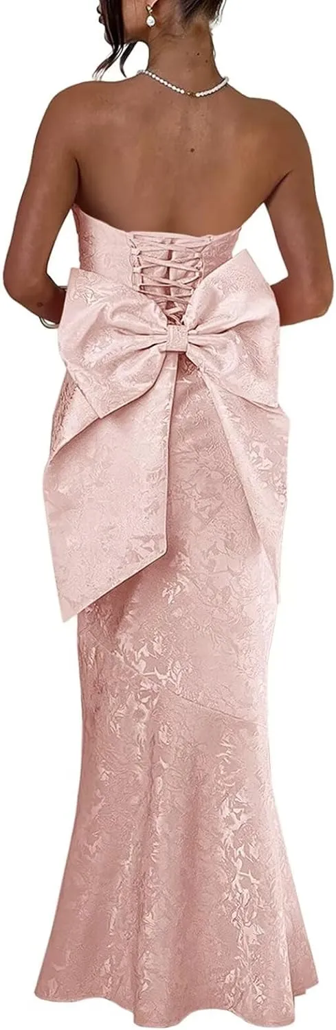 Jacquard Satin Prom Dresses with Bow in Back Bridesmaid Dress Long Formal Evening Party Gowns