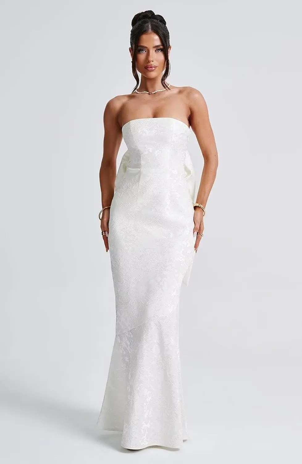 Jacquard Satin Prom Dresses with Bow in Back Bridesmaid Dress Long Formal Evening Party Gowns