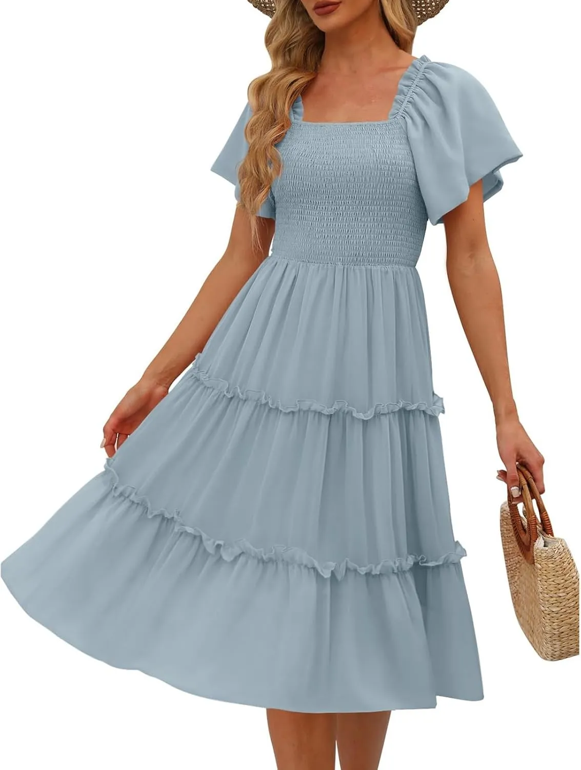 JJHAEVDY Summer Dresses for Women Square Neck Flutter Sleeve Solid High Waist Casual Smocked Flowy A Line Tiered Midi Dress