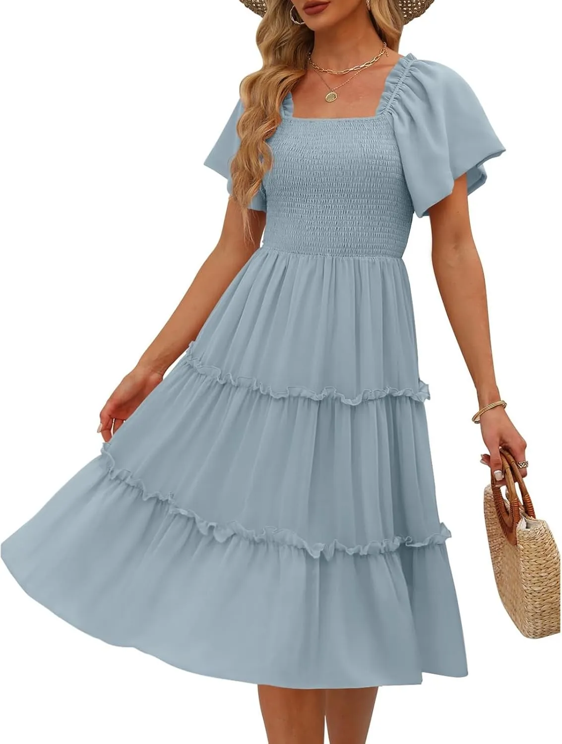JJHAEVDY Summer Dresses for Women Square Neck Flutter Sleeve Solid High Waist Casual Smocked Flowy A Line Tiered Midi Dress
