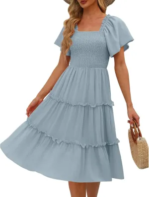 JJHAEVDY Summer Dresses for Women Square Neck Flutter Sleeve Solid High Waist Casual Smocked Flowy A Line Tiered Midi Dress