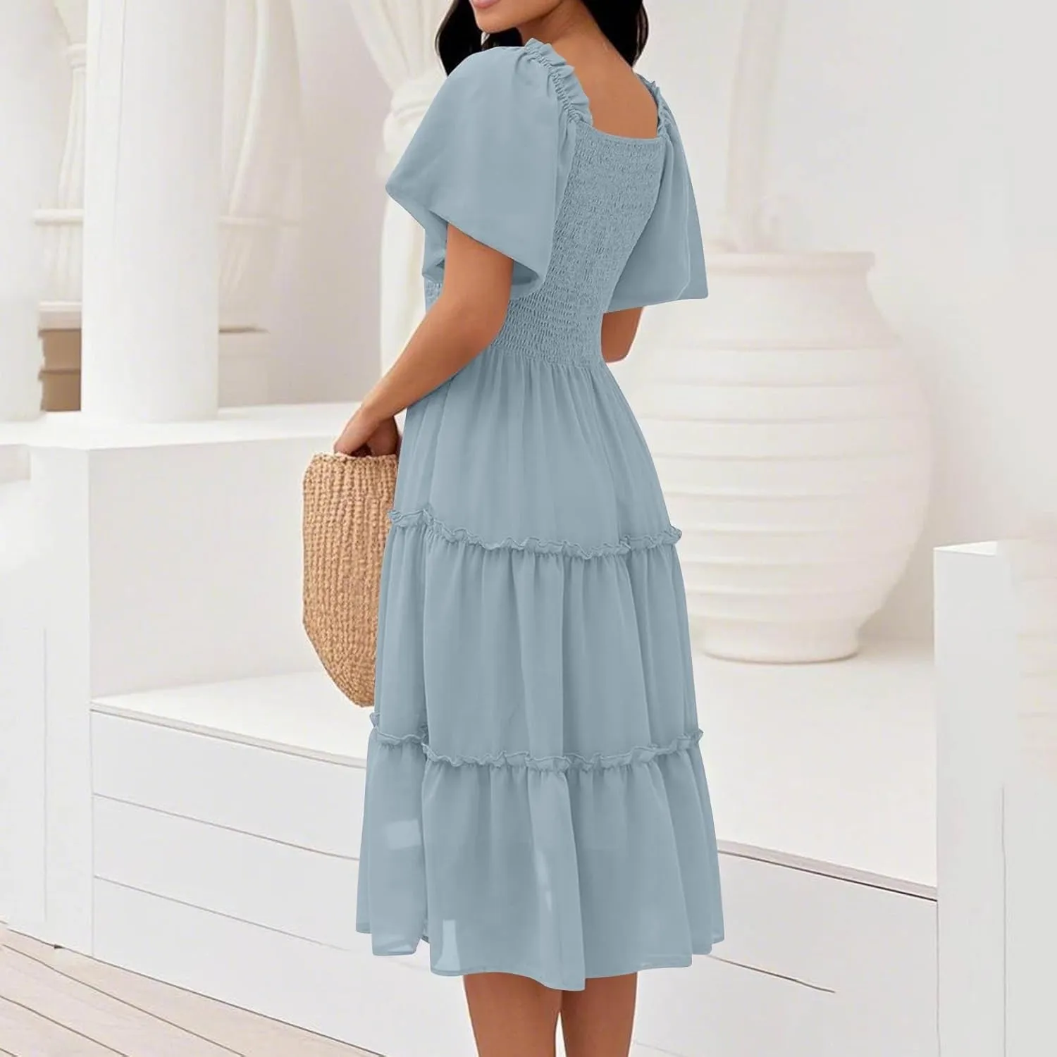 JJHAEVDY Summer Dresses for Women Square Neck Flutter Sleeve Solid High Waist Casual Smocked Flowy A Line Tiered Midi Dress