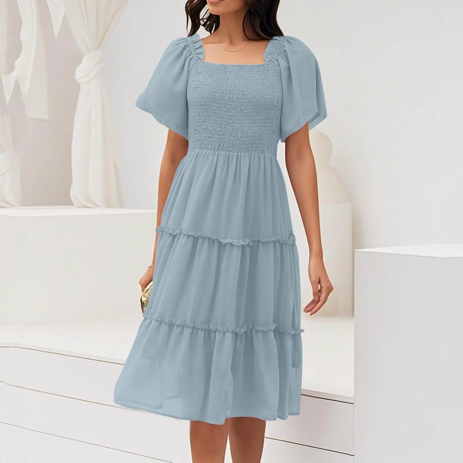 JJHAEVDY Summer Dresses for Women Square Neck Flutter Sleeve Solid High Waist Casual Smocked Flowy A Line Tiered Midi Dress