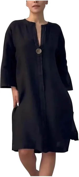 JOAU Plus Size Linen Dresses for Women 2025 Casual Summer 3/4 Sleeve V Neck Side Slit Hem Flowy Beach Midi Dress with Pockets
