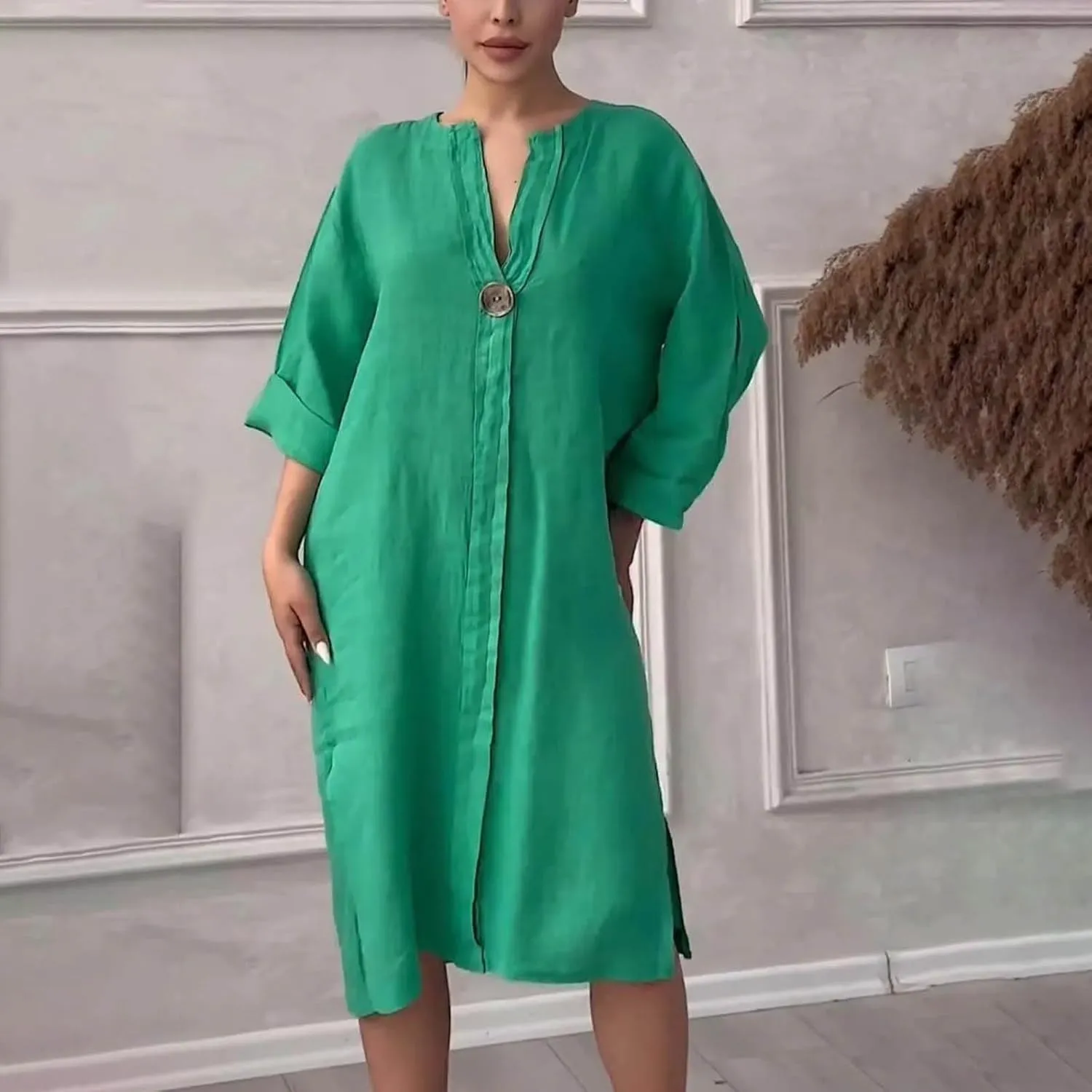JOAU Plus Size Linen Dresses for Women 2025 Casual Summer 3/4 Sleeve V Neck Side Slit Hem Flowy Beach Midi Dress with Pockets