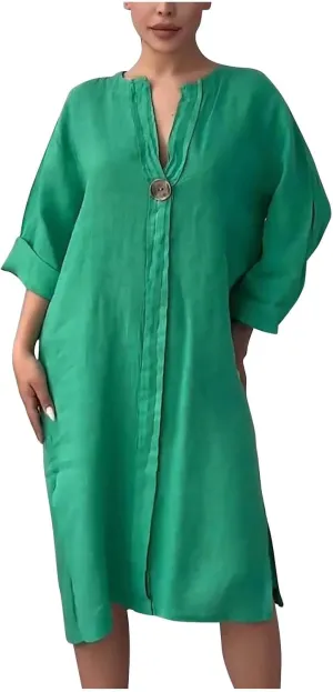JOAU Plus Size Linen Dresses for Women 2025 Casual Summer 3/4 Sleeve V Neck Side Slit Hem Flowy Beach Midi Dress with Pockets