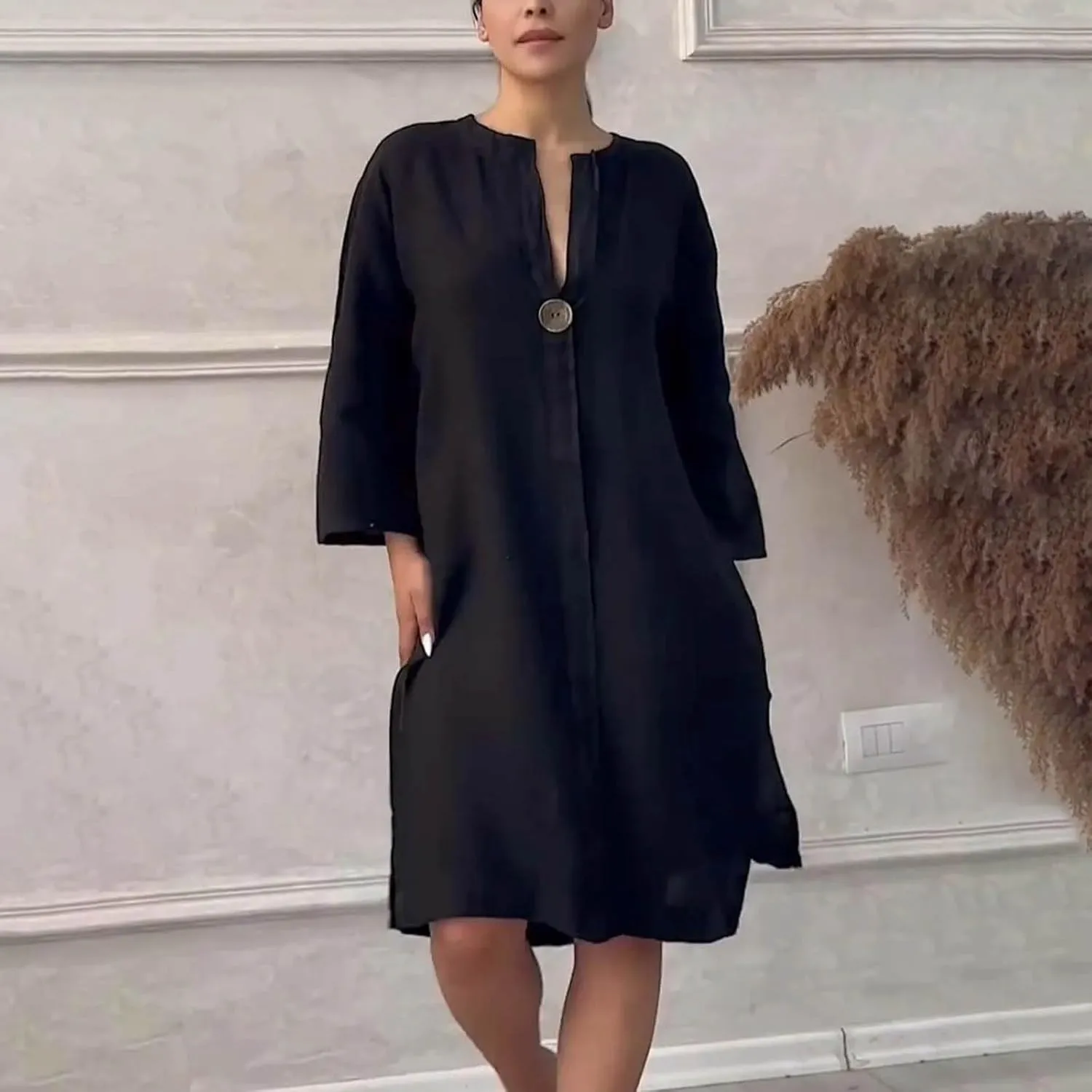 JOAU Plus Size Linen Dresses for Women 2025 Casual Summer 3/4 Sleeve V Neck Side Slit Hem Flowy Beach Midi Dress with Pockets