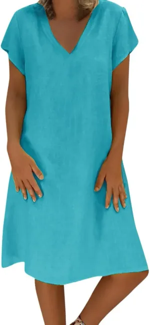 JOAU Women's 2024 Summer Cotton Linen Midi Dress V Neck Beach Vacation Short Sleeve Casual Knee Length Shirt Dresses