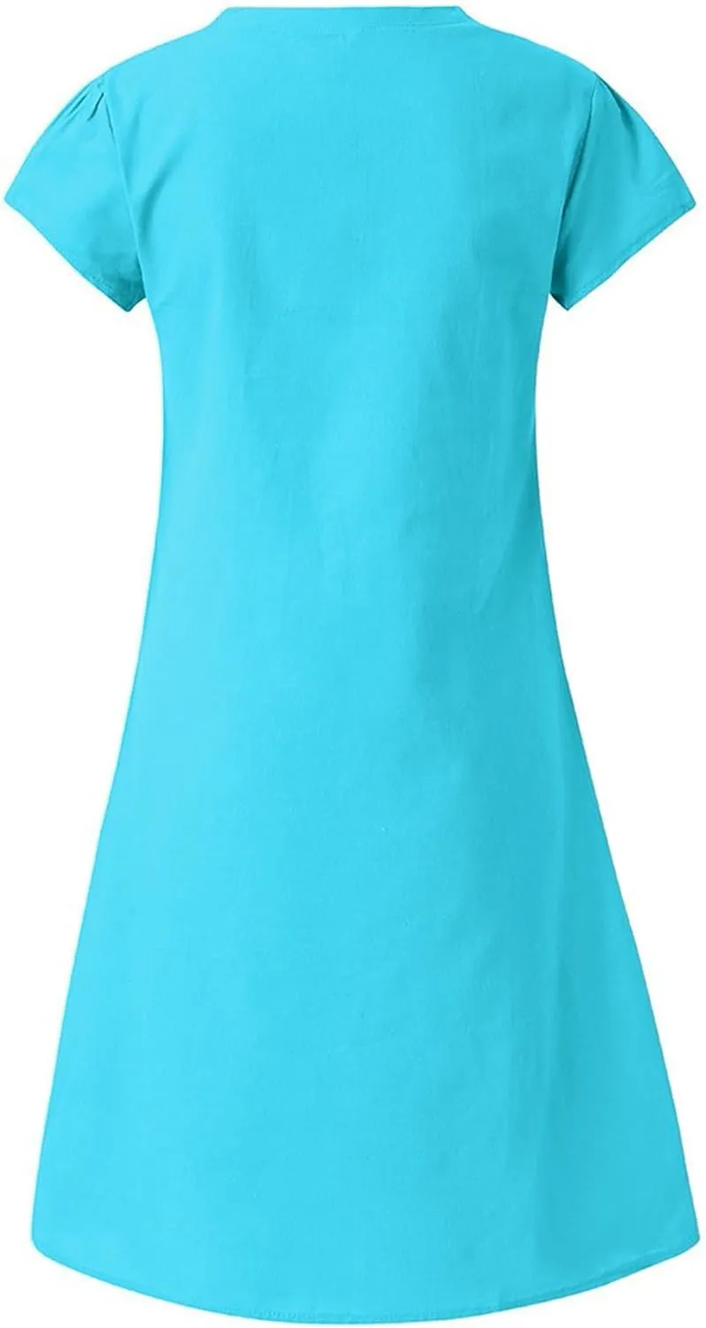 JOAU Women's 2024 Summer Cotton Linen Midi Dress V Neck Beach Vacation Short Sleeve Casual Knee Length Shirt Dresses