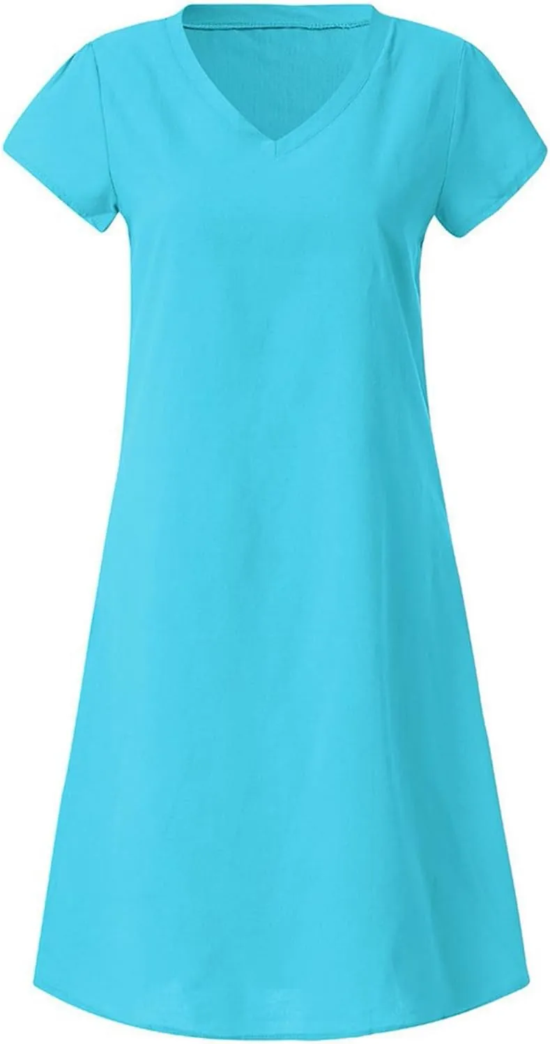 JOAU Women's 2024 Summer Cotton Linen Midi Dress V Neck Beach Vacation Short Sleeve Casual Knee Length Shirt Dresses