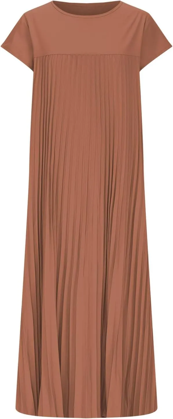 JOAU Womens Casual Summer Short Sleeve T Shirt Dress Crew Neck Beach Midi Dresses Loose A-Line Swing Pleated Dress 2025