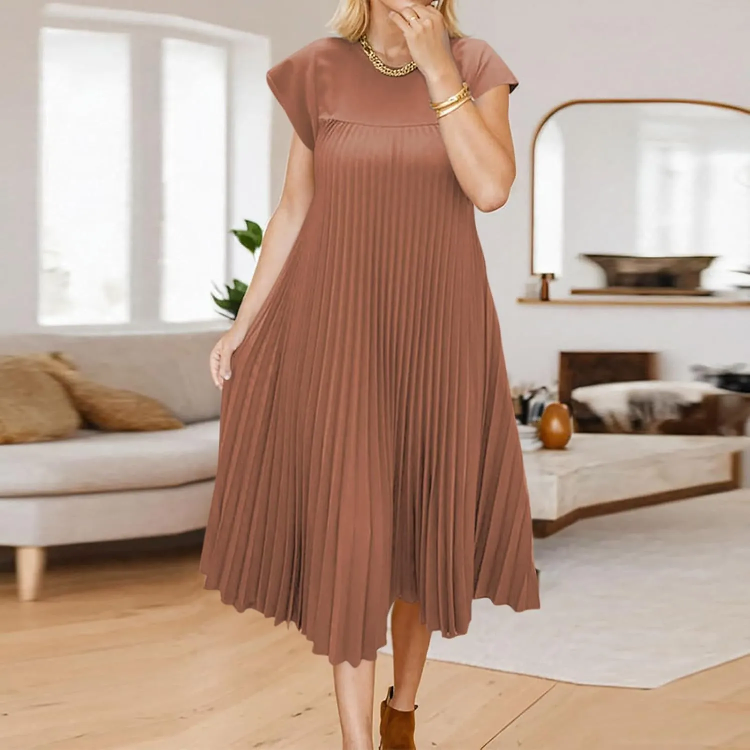 JOAU Womens Casual Summer Short Sleeve T Shirt Dress Crew Neck Beach Midi Dresses Loose A-Line Swing Pleated Dress 2025