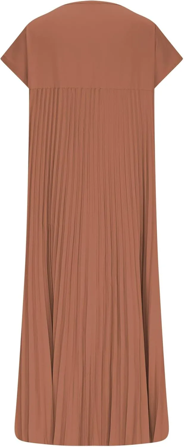 JOAU Womens Casual Summer Short Sleeve T Shirt Dress Crew Neck Beach Midi Dresses Loose A-Line Swing Pleated Dress 2025