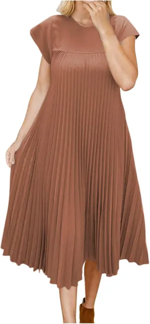 JOAU Womens Casual Summer Short Sleeve T Shirt Dress Crew Neck Beach Midi Dresses Loose A-Line Swing Pleated Dress 2025