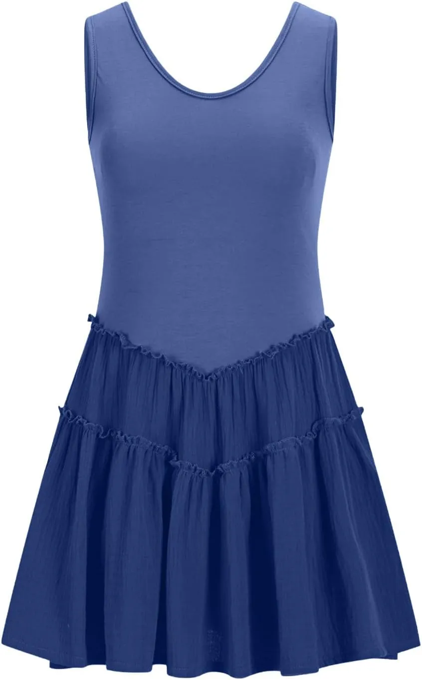 JOAU Womens Summer Casual Tank Dress Sleeveless V Neck Patchwork Sundress Flowy Tiered Swing Mini Beach Vacation Dresses
