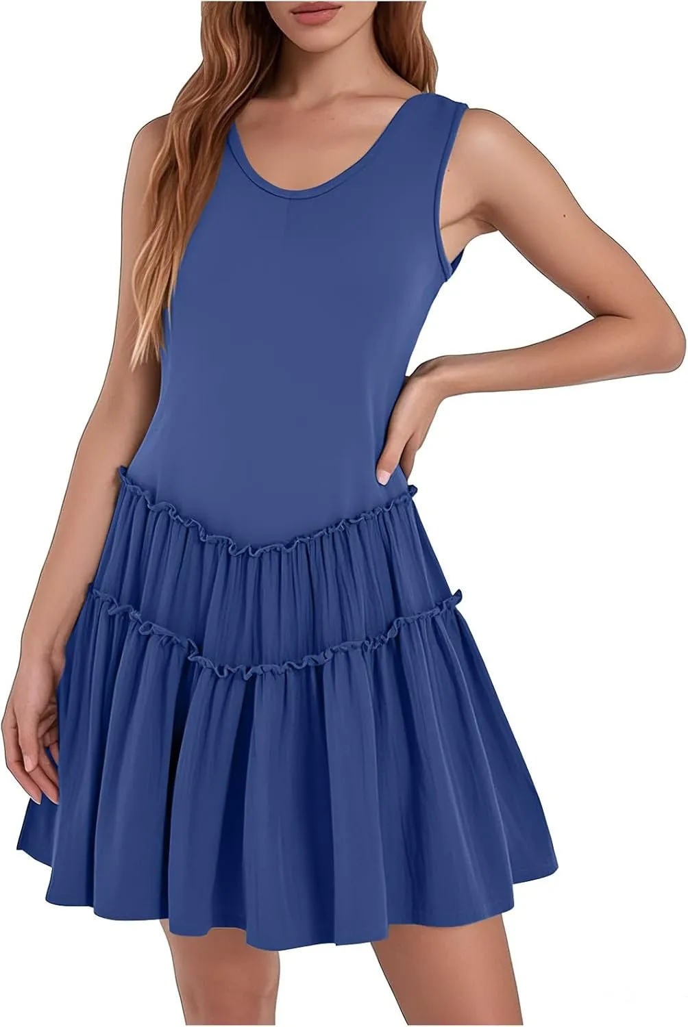 JOAU Womens Summer Casual Tank Dress Sleeveless V Neck Patchwork Sundress Flowy Tiered Swing Mini Beach Vacation Dresses