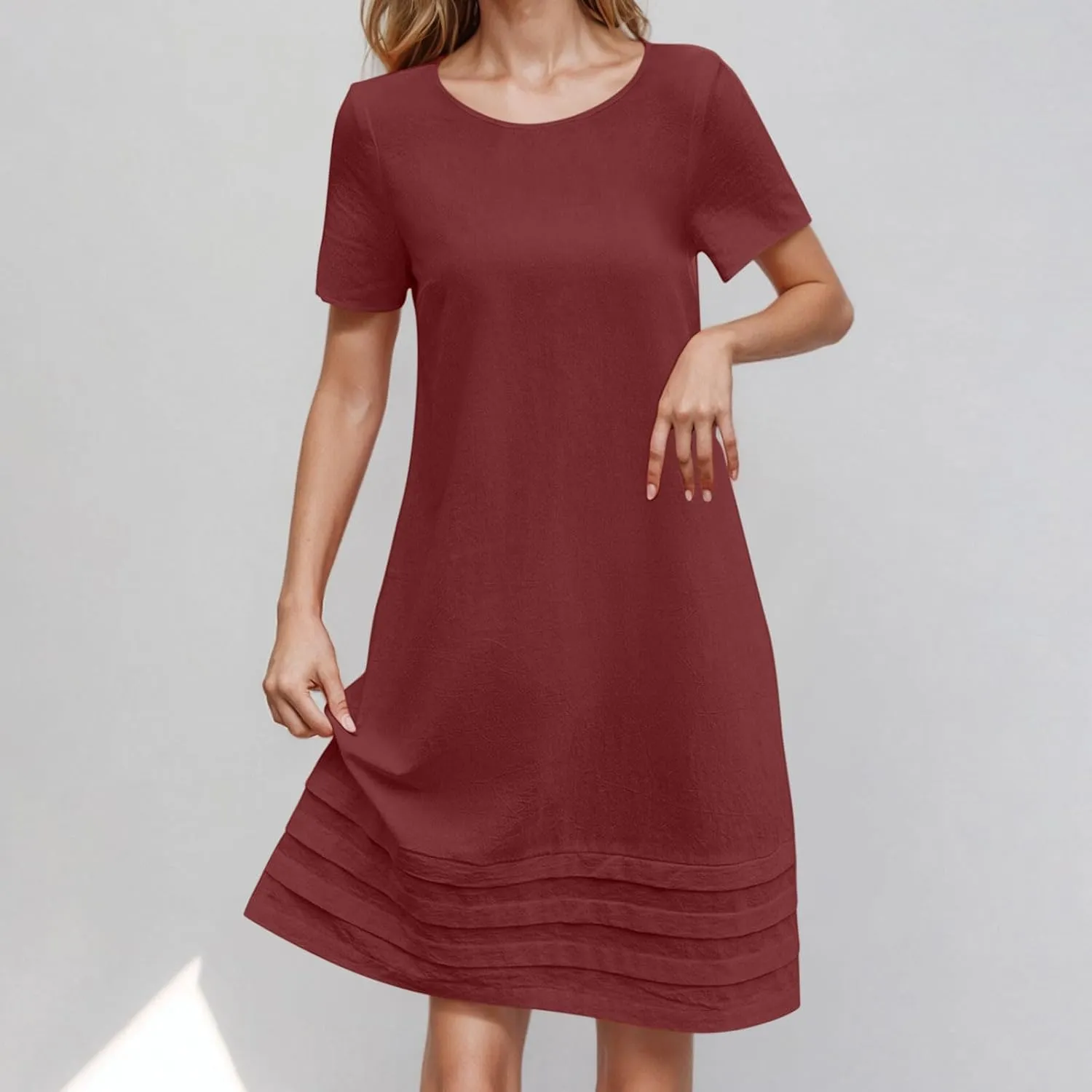 JOAU Womens Summer Cotton Linen Dress 2025 Trendy Short Sleeve Crew Neck Mini T Shirt Dresses Casual Tiered Pleated Hem Dress