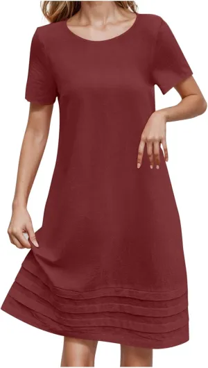 JOAU Womens Summer Cotton Linen Dress 2025 Trendy Short Sleeve Crew Neck Mini T Shirt Dresses Casual Tiered Pleated Hem Dress