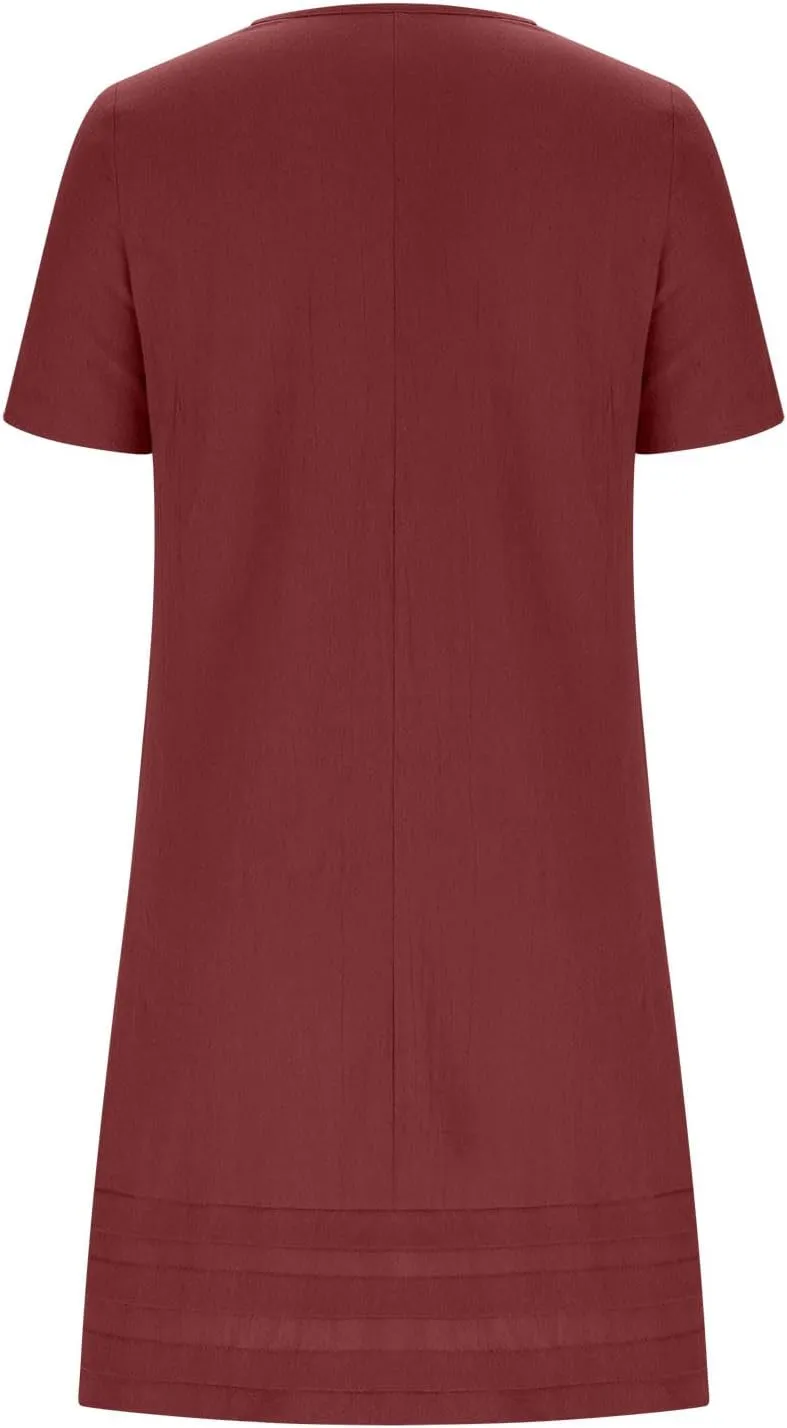 JOAU Womens Summer Cotton Linen Dress 2025 Trendy Short Sleeve Crew Neck Mini T Shirt Dresses Casual Tiered Pleated Hem Dress