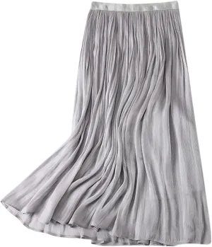JOAU Women's Summer High Waist Pleated Skirt Casual Swing A-line Midi Skirts Lightweight Double Layered Flowy Beach Skirt