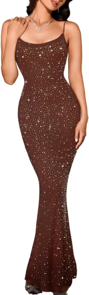 Kaei&Shi Rhinestone Mesh Dress,Glitter Sparkly Embellished Sheer Maxi Dresses,Sexy Birthday Outfit for Women Cocktail Party