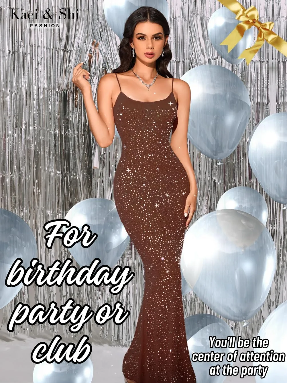 Kaei&Shi Rhinestone Mesh Dress,Glitter Sparkly Embellished Sheer Maxi Dresses,Sexy Birthday Outfit for Women Cocktail Party