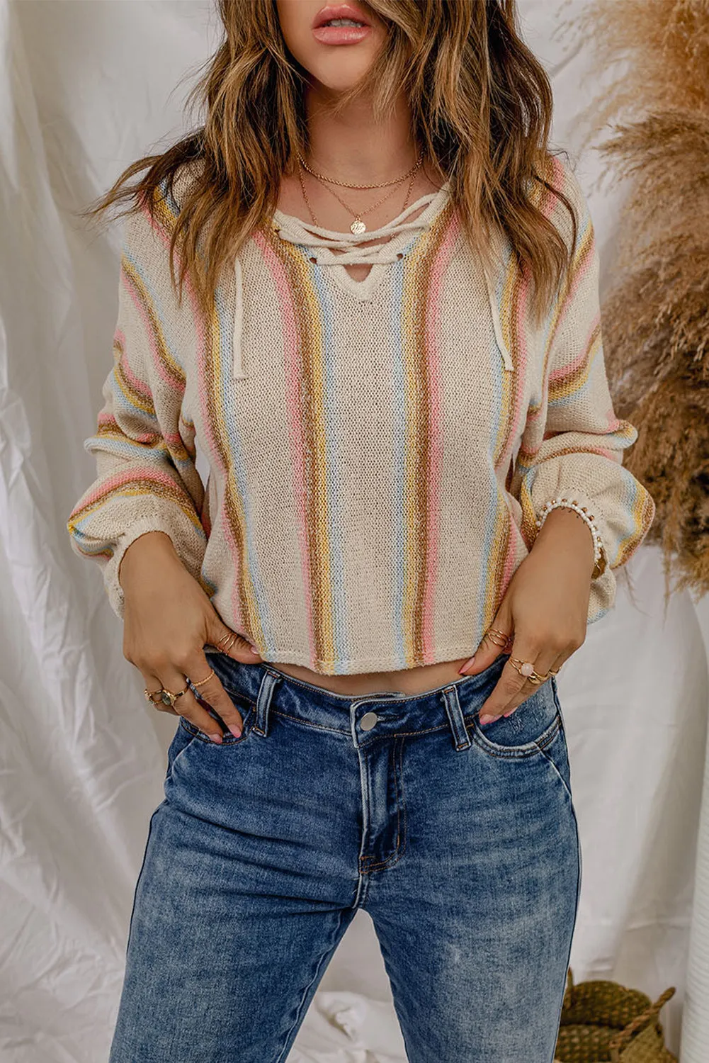 Lace up V Neck Striped Knit Sweater
