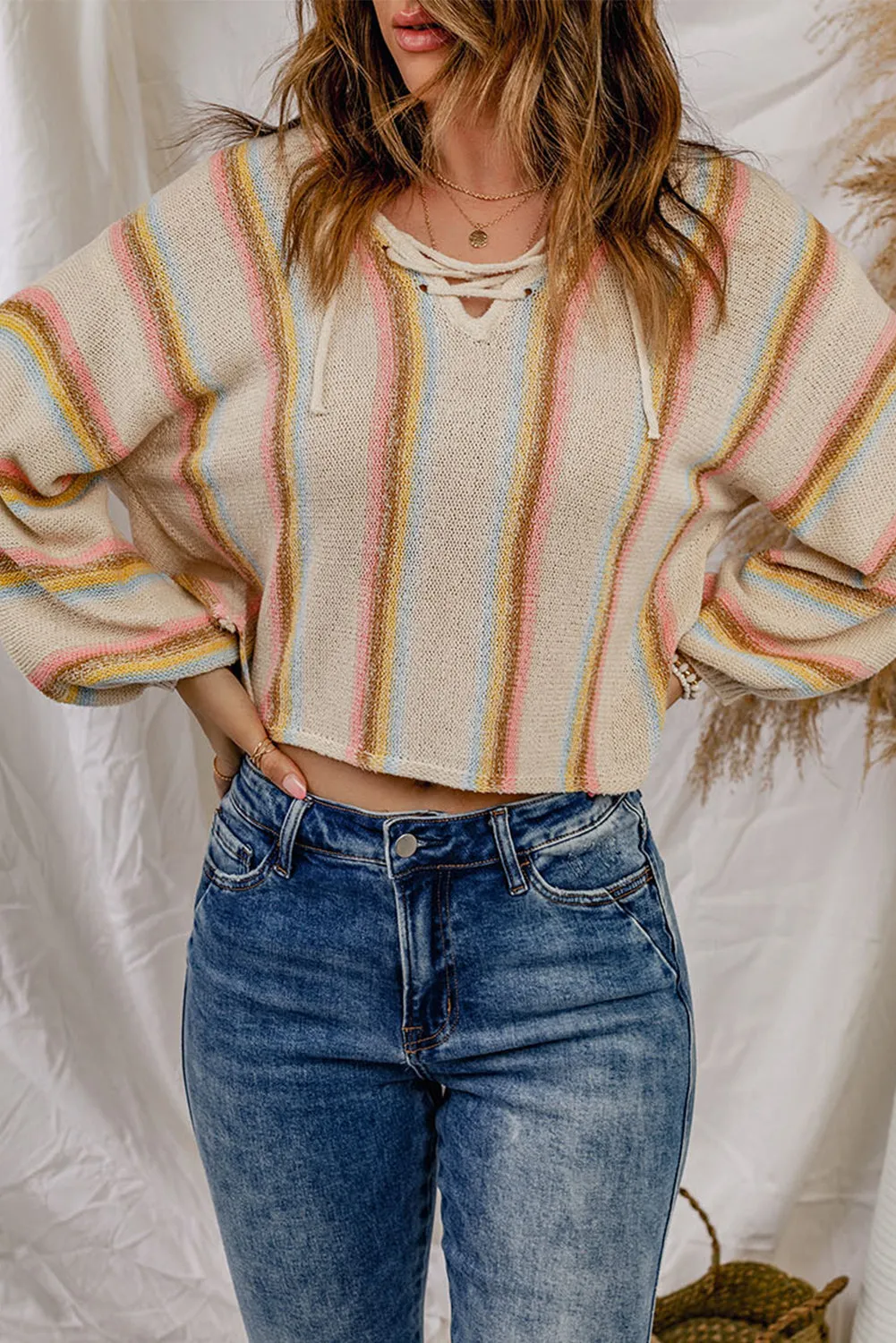 Lace up V Neck Striped Knit Sweater
