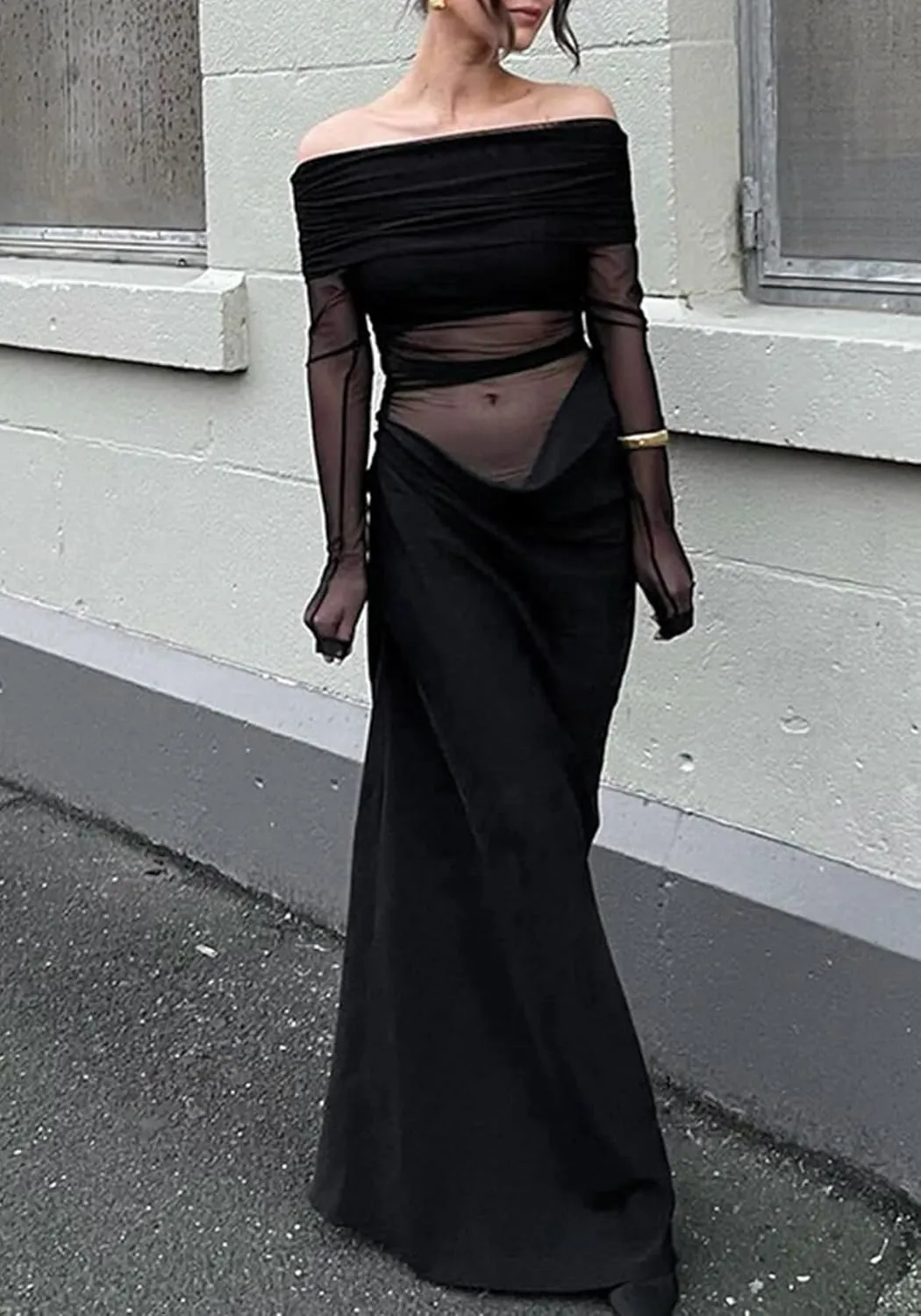 LETSVDO Women's Off The Shoulder Mesh Maxi Dress Long Sleeve Bodycon Ruched Asymmetrical Cutout Sexy Party Dresses