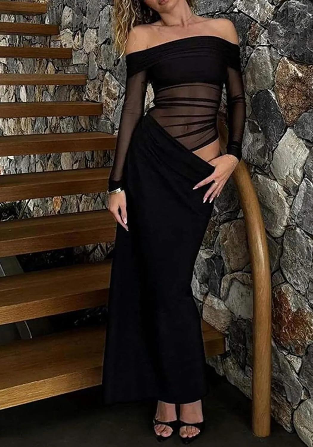 LETSVDO Women's Off The Shoulder Mesh Maxi Dress Long Sleeve Bodycon Ruched Asymmetrical Cutout Sexy Party Dresses