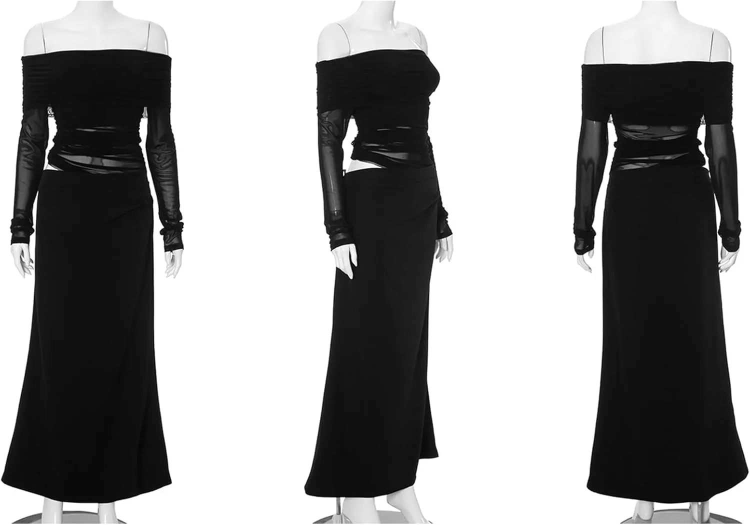 LETSVDO Women's Off The Shoulder Mesh Maxi Dress Long Sleeve Bodycon Ruched Asymmetrical Cutout Sexy Party Dresses