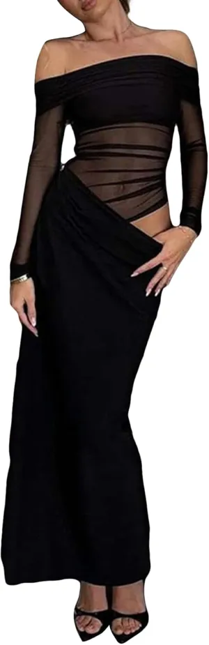 LETSVDO Women's Off The Shoulder Mesh Maxi Dress Long Sleeve Bodycon Ruched Asymmetrical Cutout Sexy Party Dresses