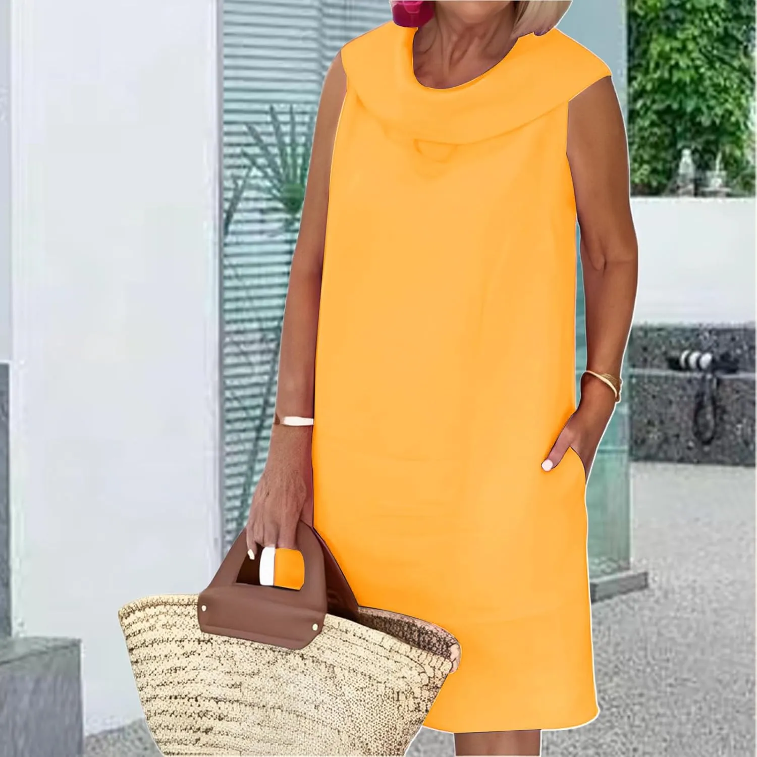 Linen Dress for Women Plus Size Sleeveless Turtleneck Tank Mini Dresses Casual Solid Flowy Midi Dresses with Pockets