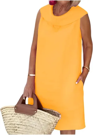 Linen Dress for Women Plus Size Sleeveless Turtleneck Tank Mini Dresses Casual Solid Flowy Midi Dresses with Pockets