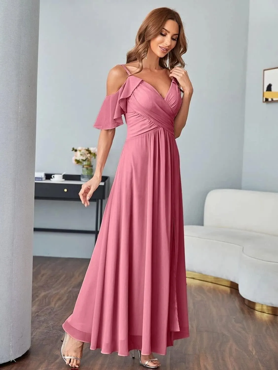 Long Chiffon Junior Bridesmaids Dresses for Women Wedding Party Dress Formal Military Ball Gown ABC095