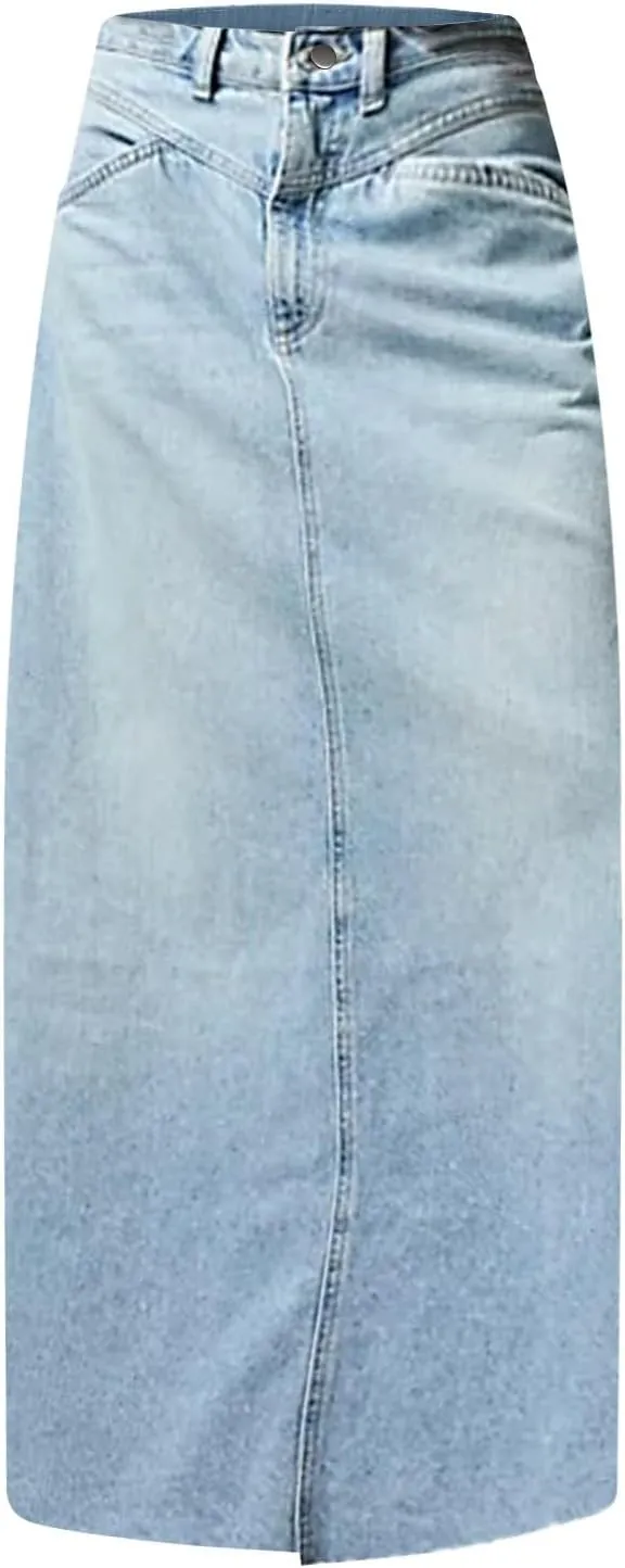 Long Denim Skirts for Women Trendy Frayed Hem Button Down High Waisted Jean Skirt Maxi Jean Skirt with Pockets
